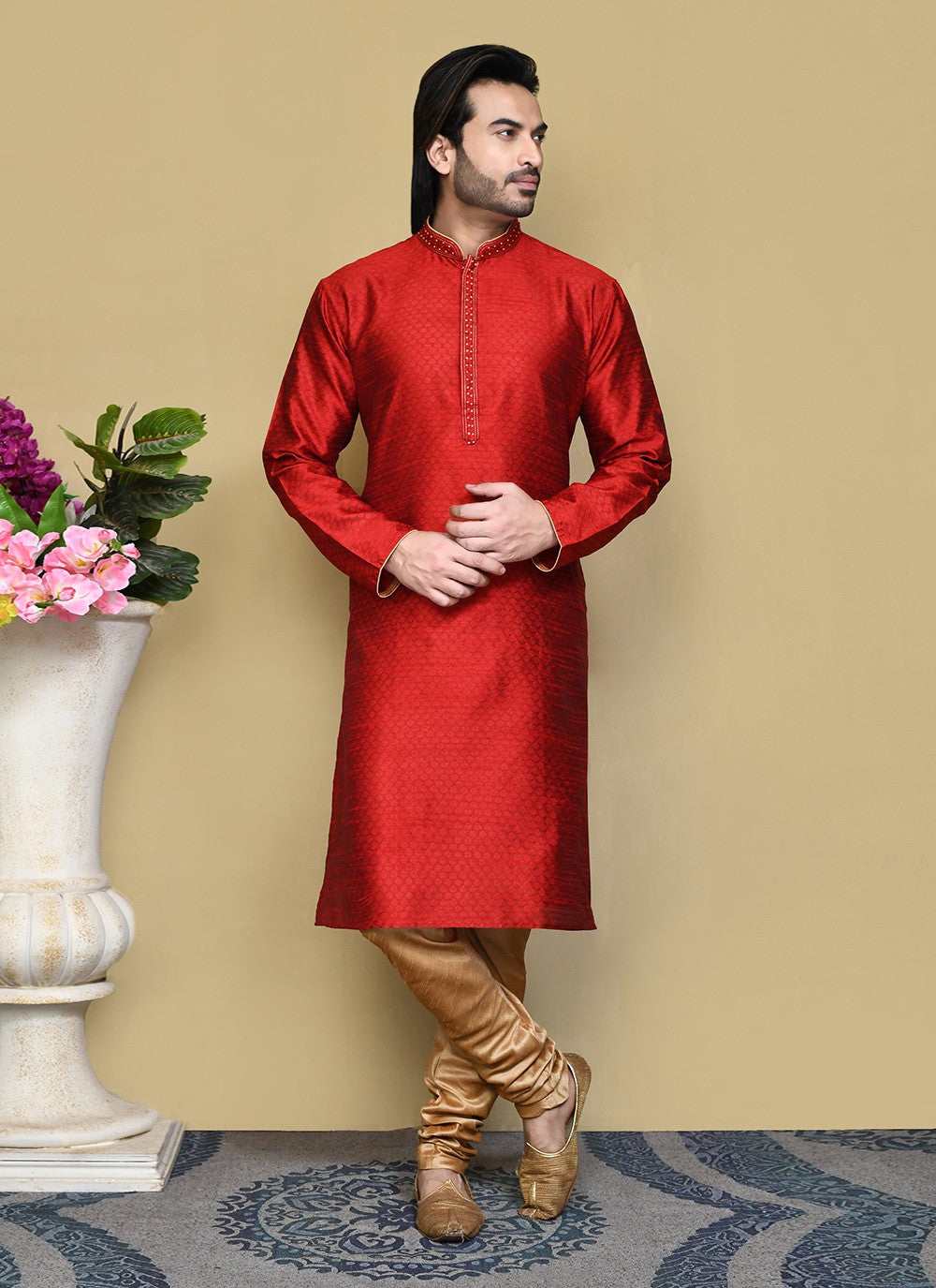 Resham Art Silk Red Kurta Pyjama - M7841