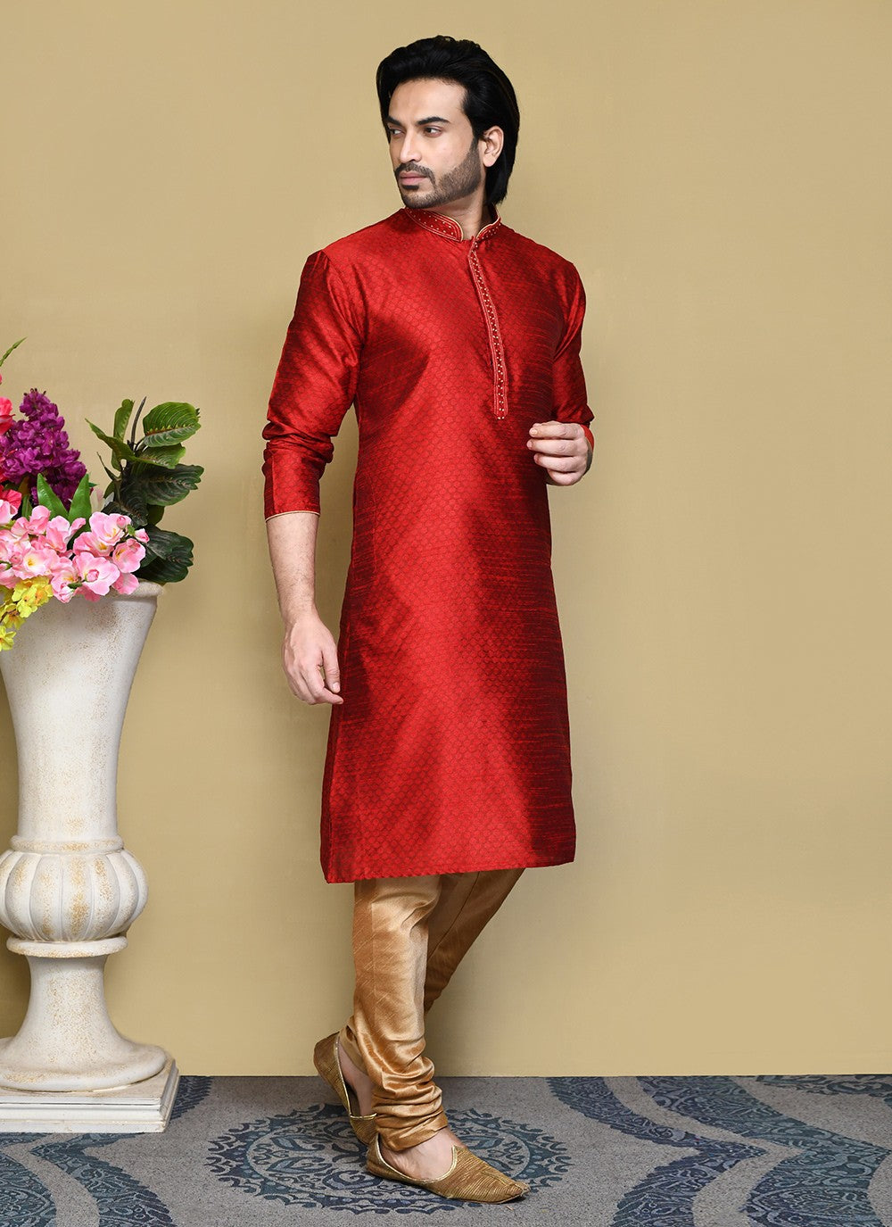 Resham Art Silk Red Kurta Pyjama - M7841