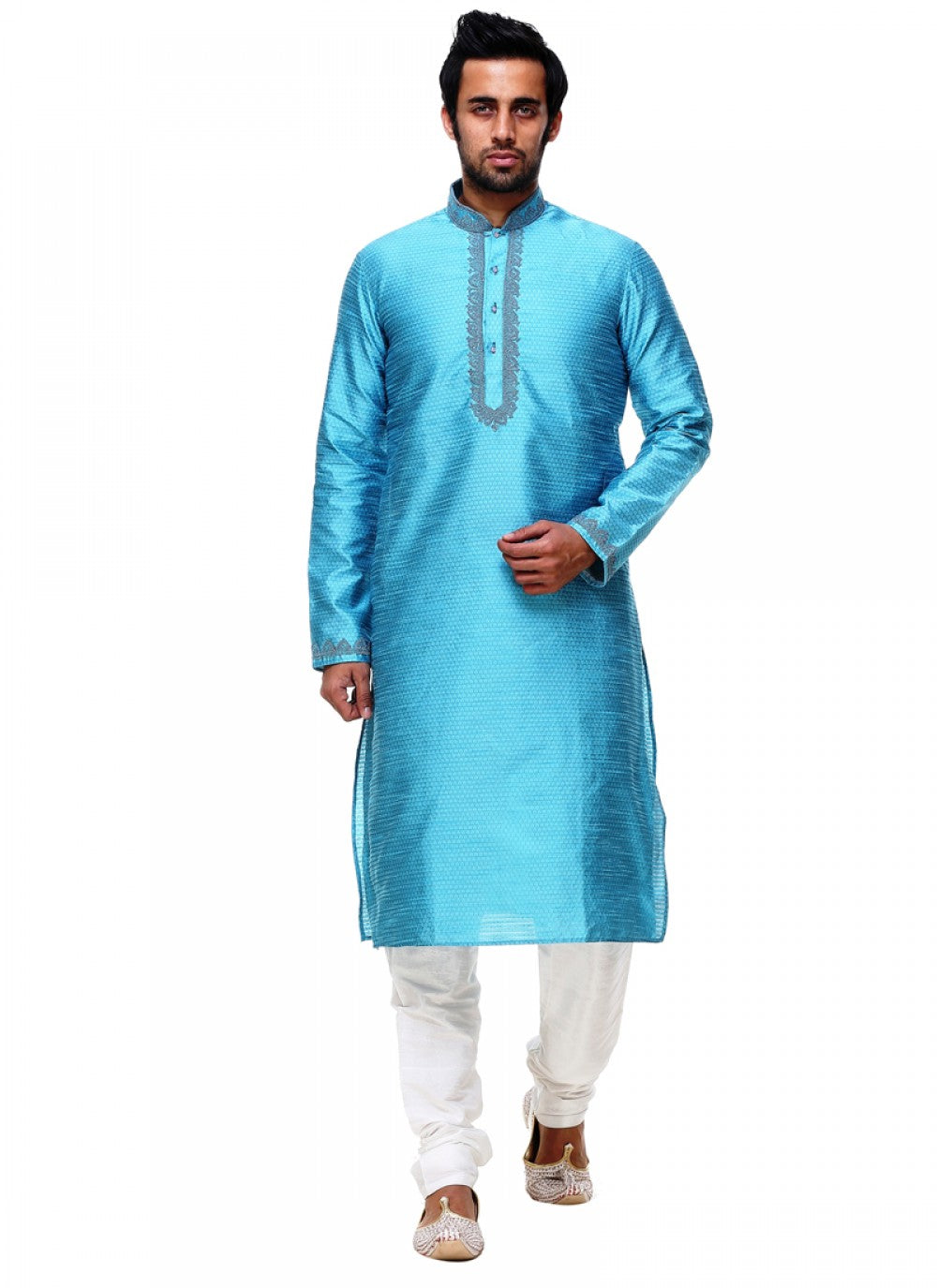 Embroidered Silk Turquoise Kurta Pyjama - M1020