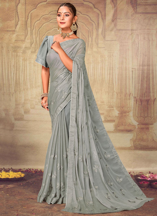 Classic Embroidered Chiffon, Silk Saree - S4086