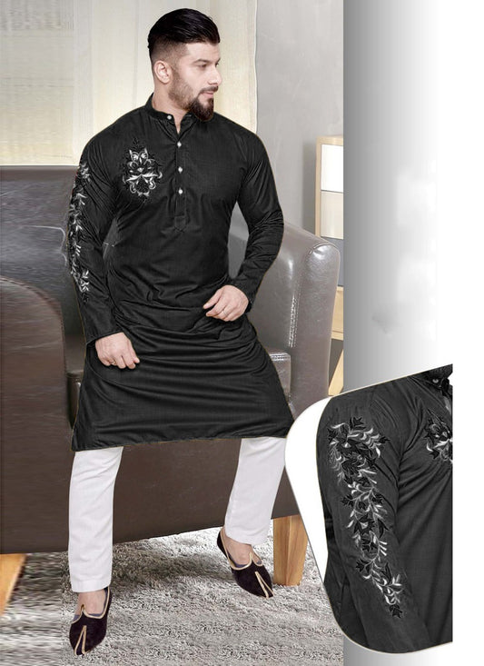 Resham Cotton Black Kurta Pyjama - M2205