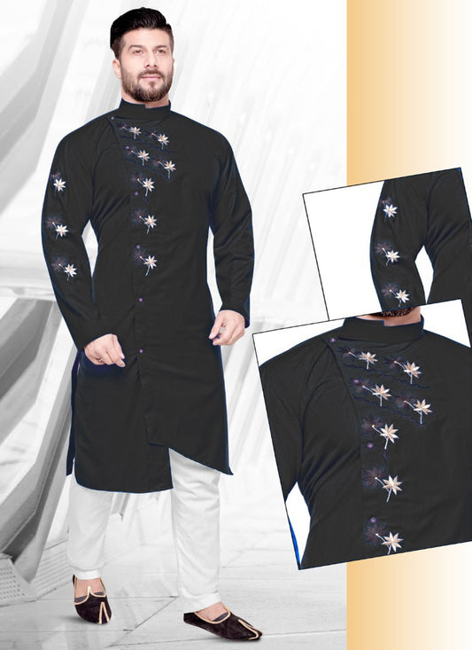 Resham Cotton Black Kurta Pyjama - M2206