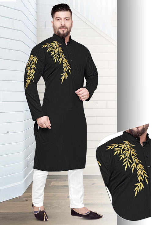 Resham Cotton Black Kurta Pyjama - M2208