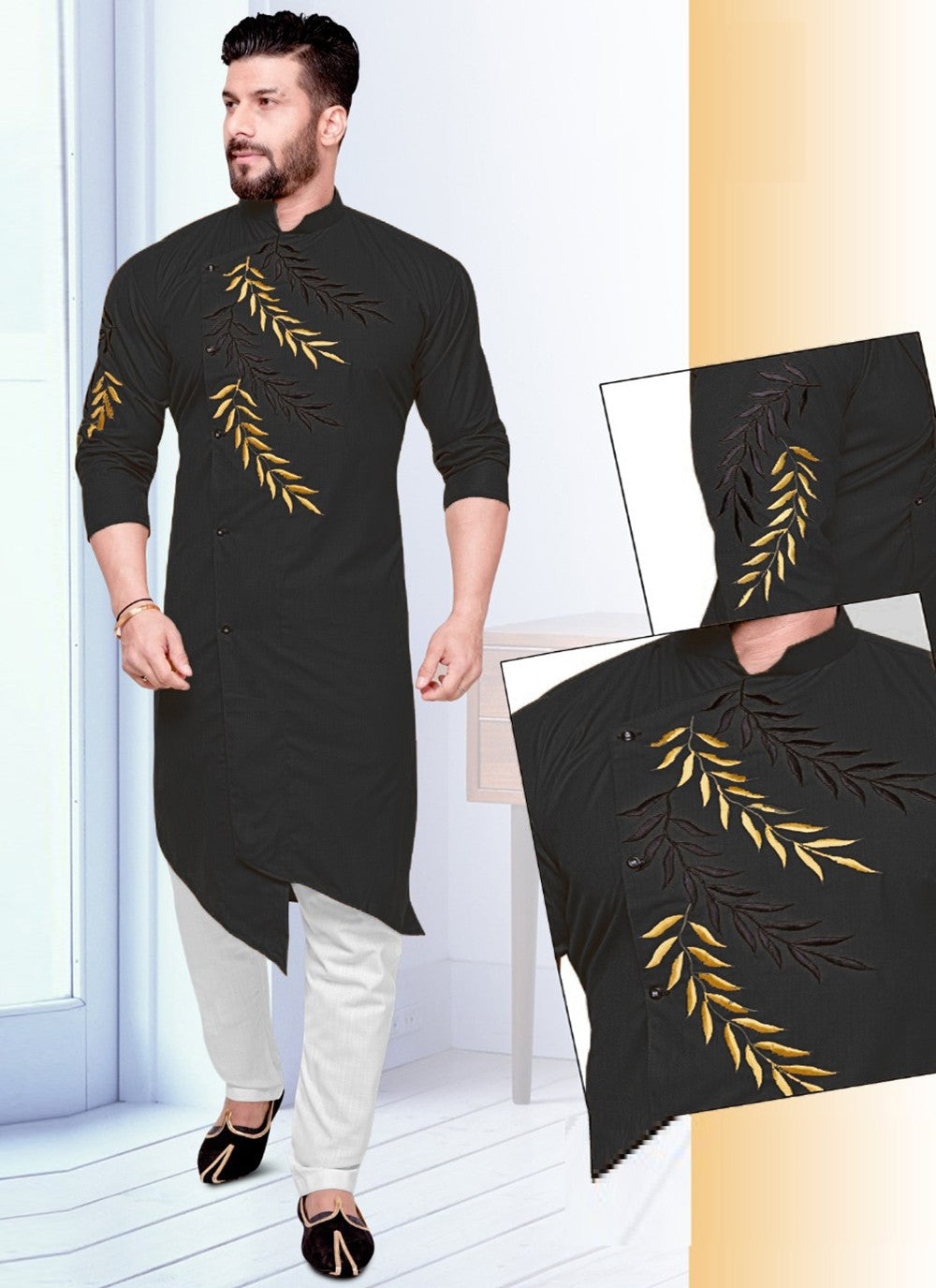 Resham Cotton Black Kurta Pyjama - M2209