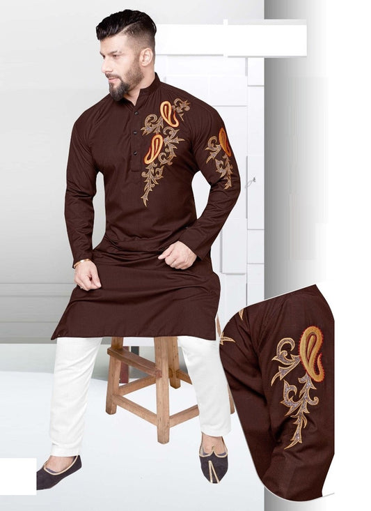 Resham Cotton Brown Kurta Pyjama - M2191