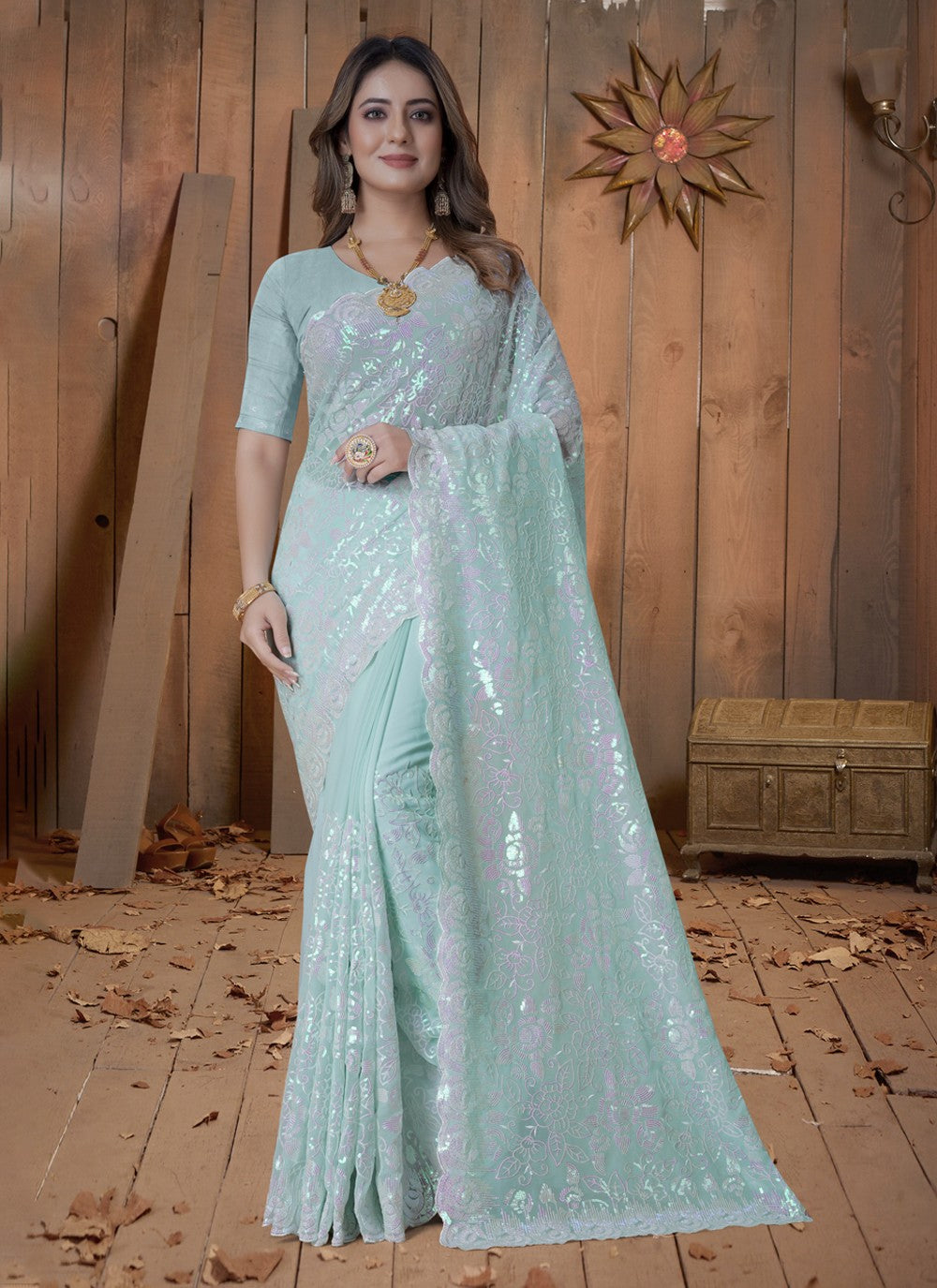 Trendy Embroidered Georgette Saree - S3586