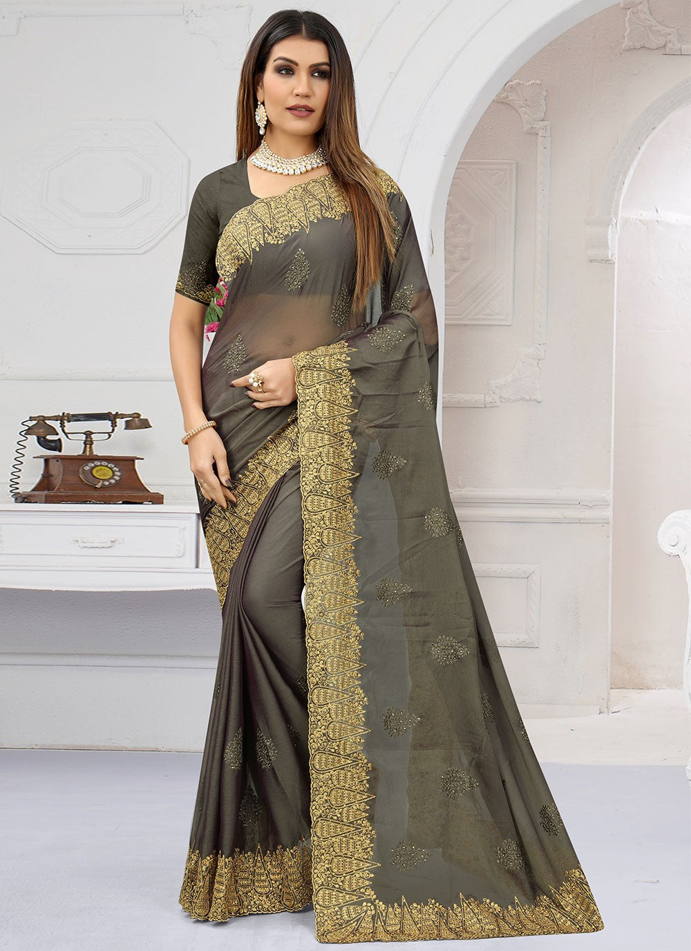 Classic Embroidered Chiffon Saree - S1643