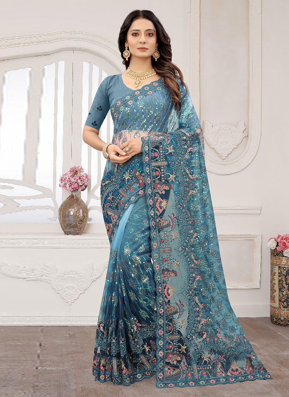 Classic Embroidered Net Saree - S1296