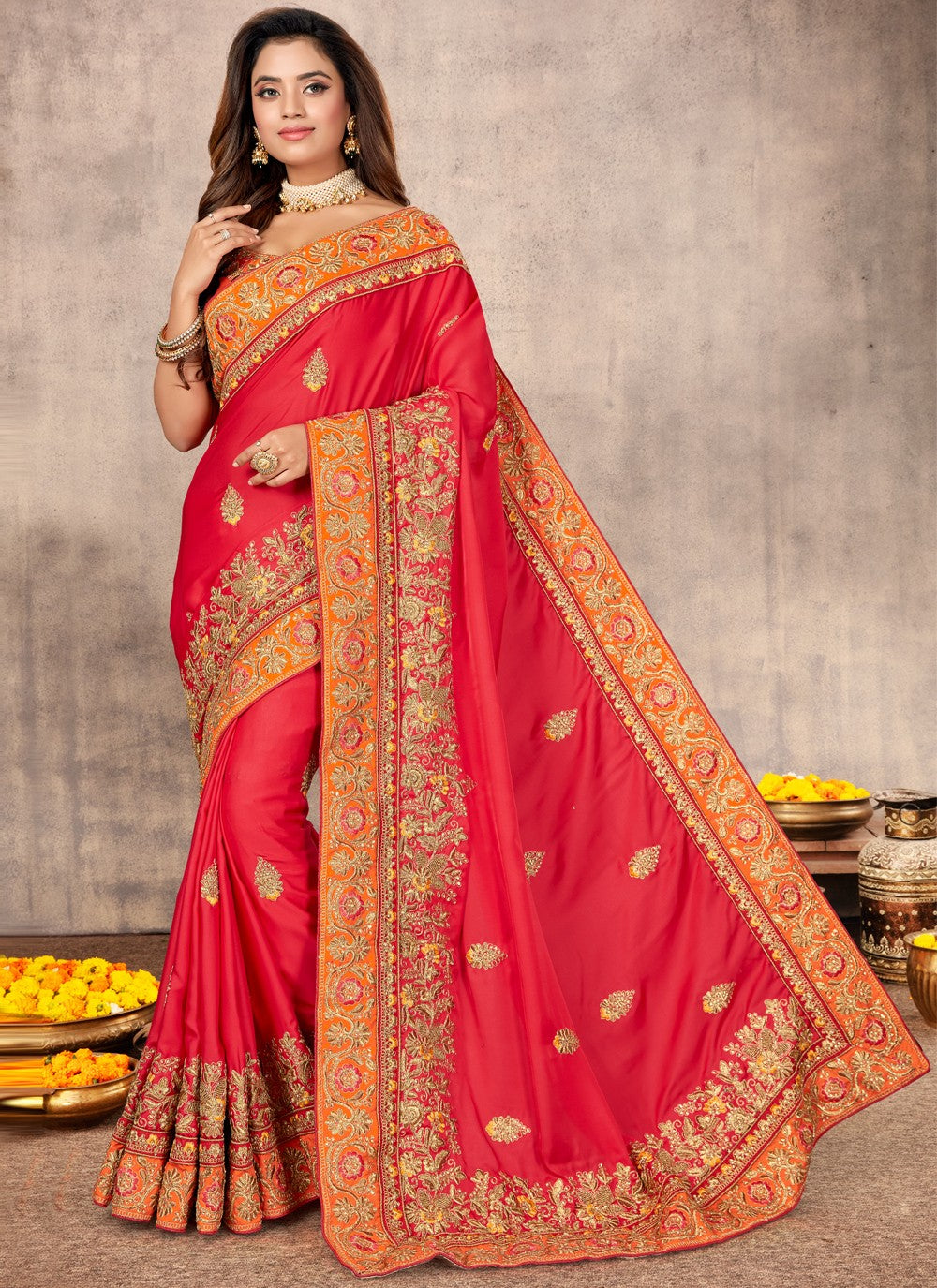 Traditional Embroidered Satin Saree - S0456