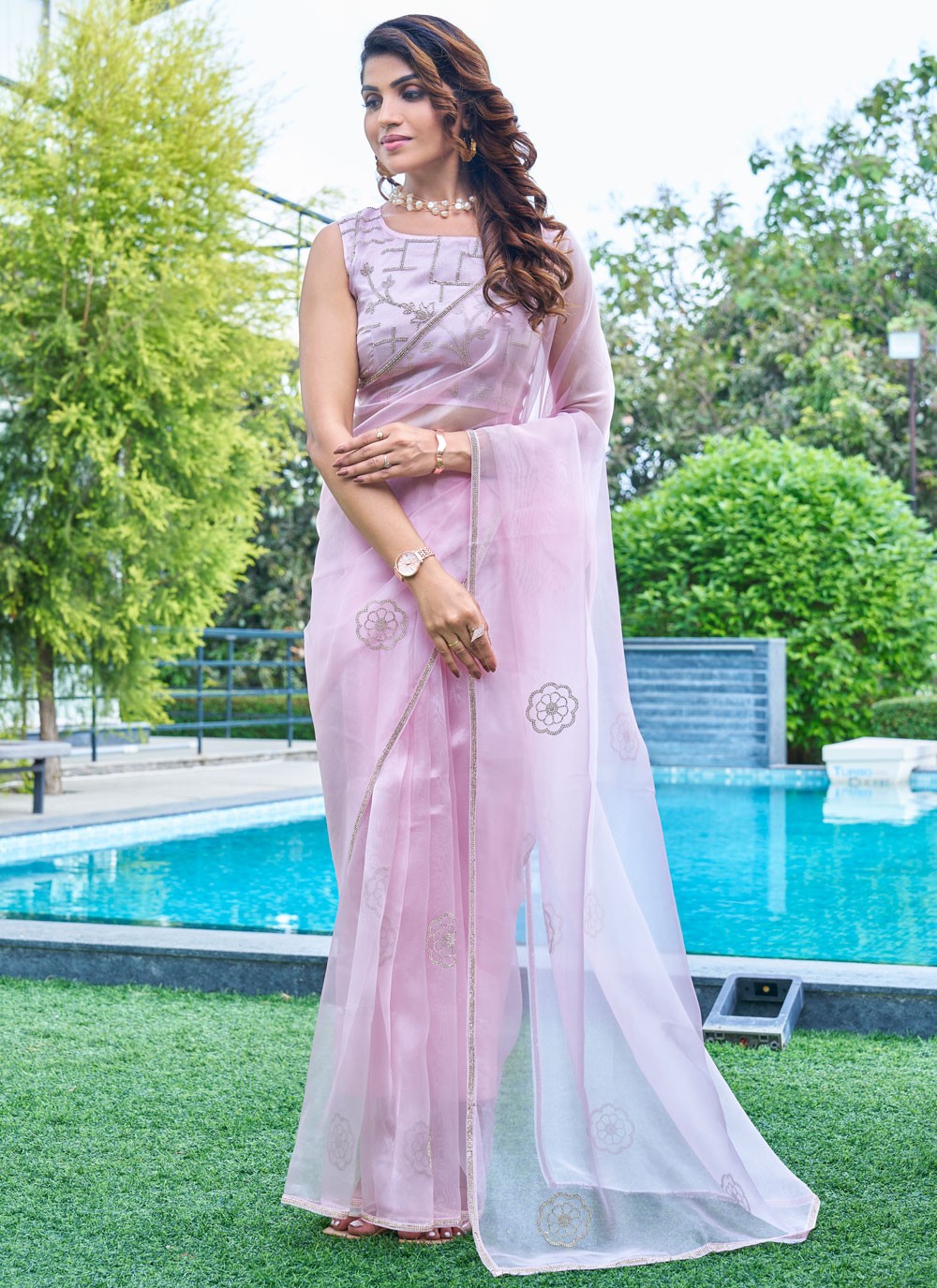 Cutdana, Swarovski Organza Saree - S11655