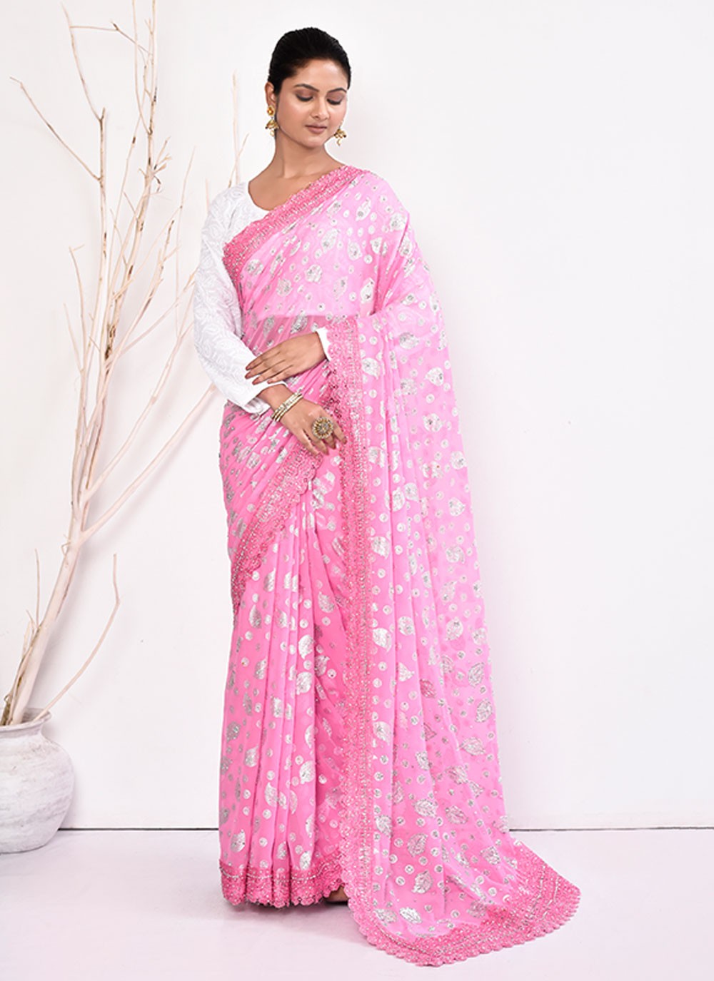 Contemporary Hand Embroidery Georgette Saree - S5499