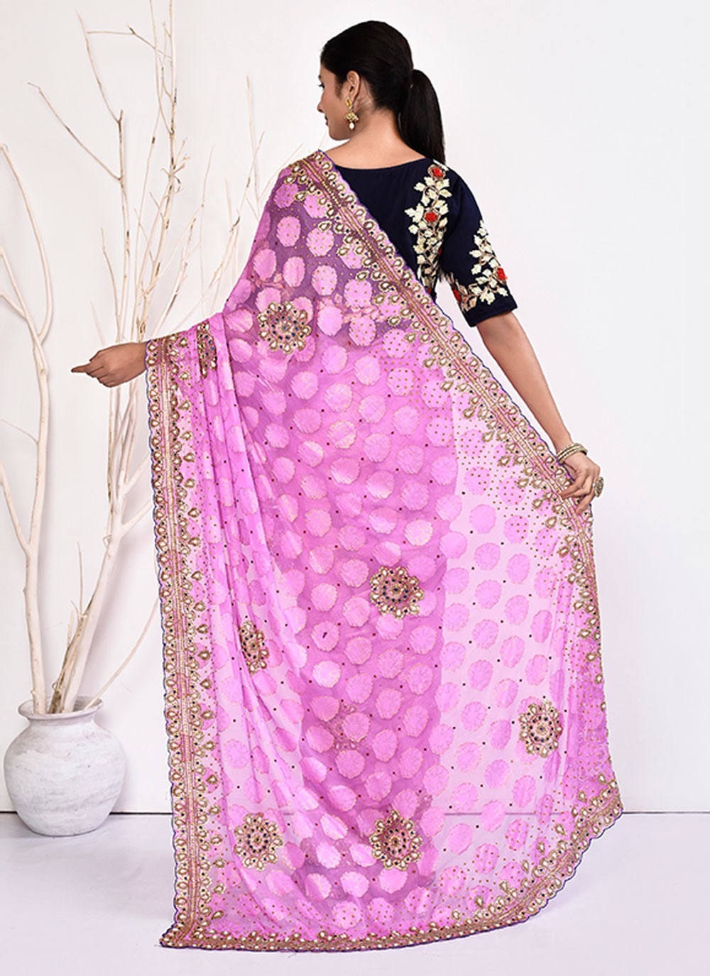 Contemporary Hand Embroidery Georgette Saree - S5499