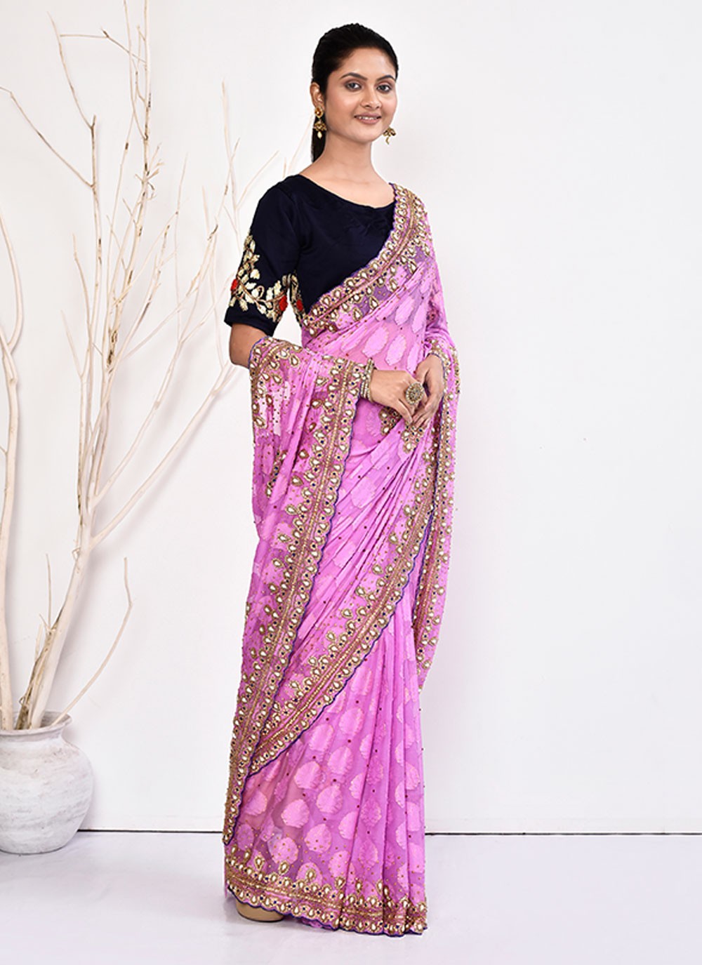 Contemporary Hand Embroidery Georgette Saree - S5499