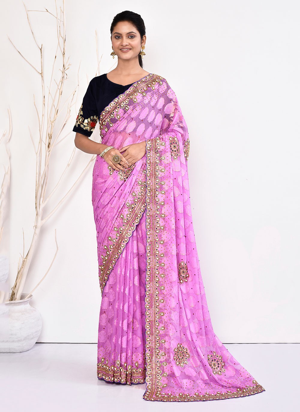 Contemporary Hand Embroidery Georgette Saree - S5499