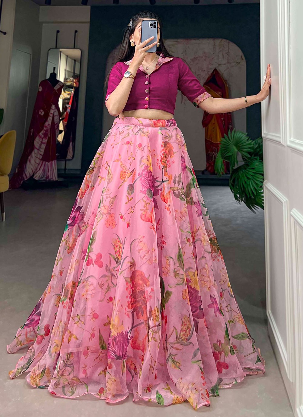 Floral Printed Organza A - Line Lehenga - L1762