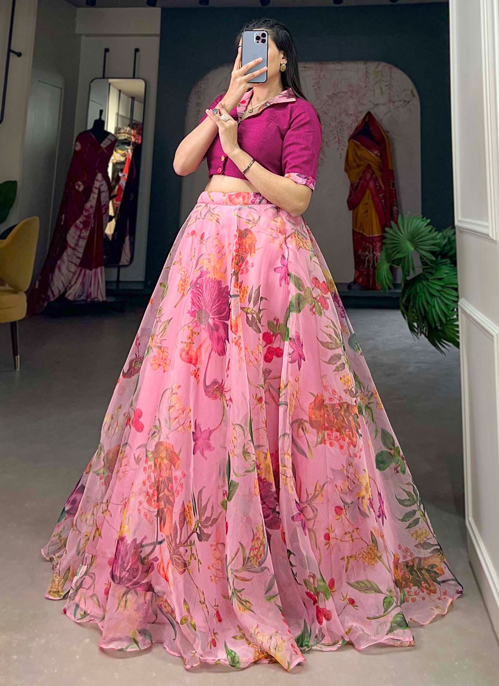 Floral Printed Organza A - Line Lehenga - L1762