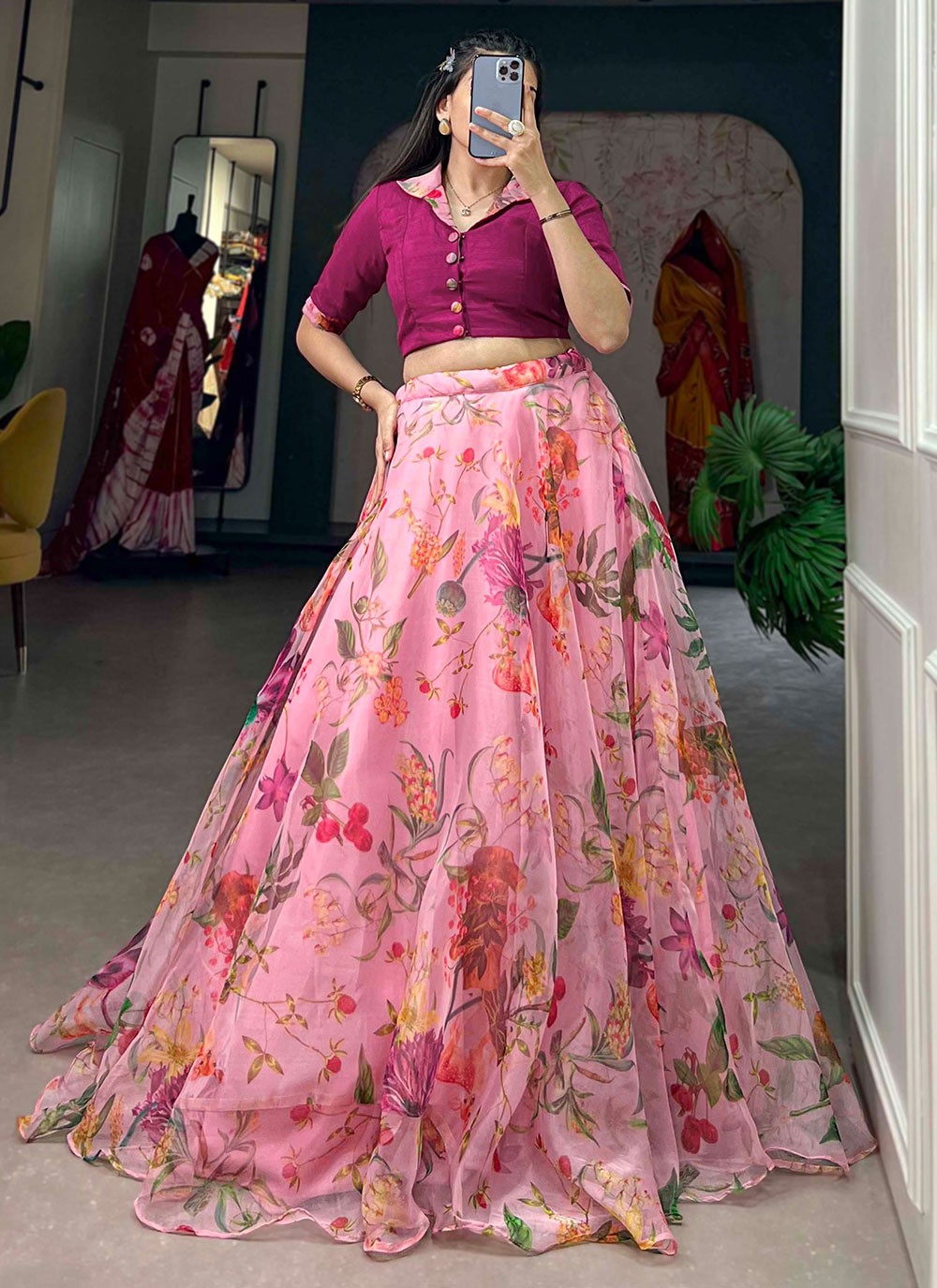 Floral Printed Organza A - Line Lehenga - L1762