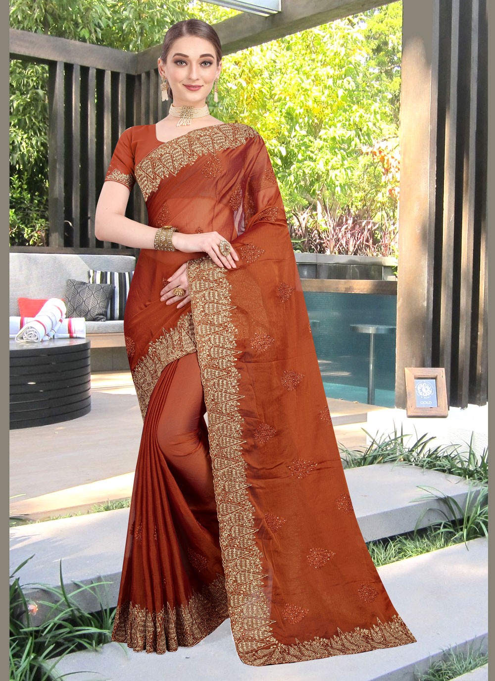 Classic Embroidered Faux Chiffon Saree - S0668