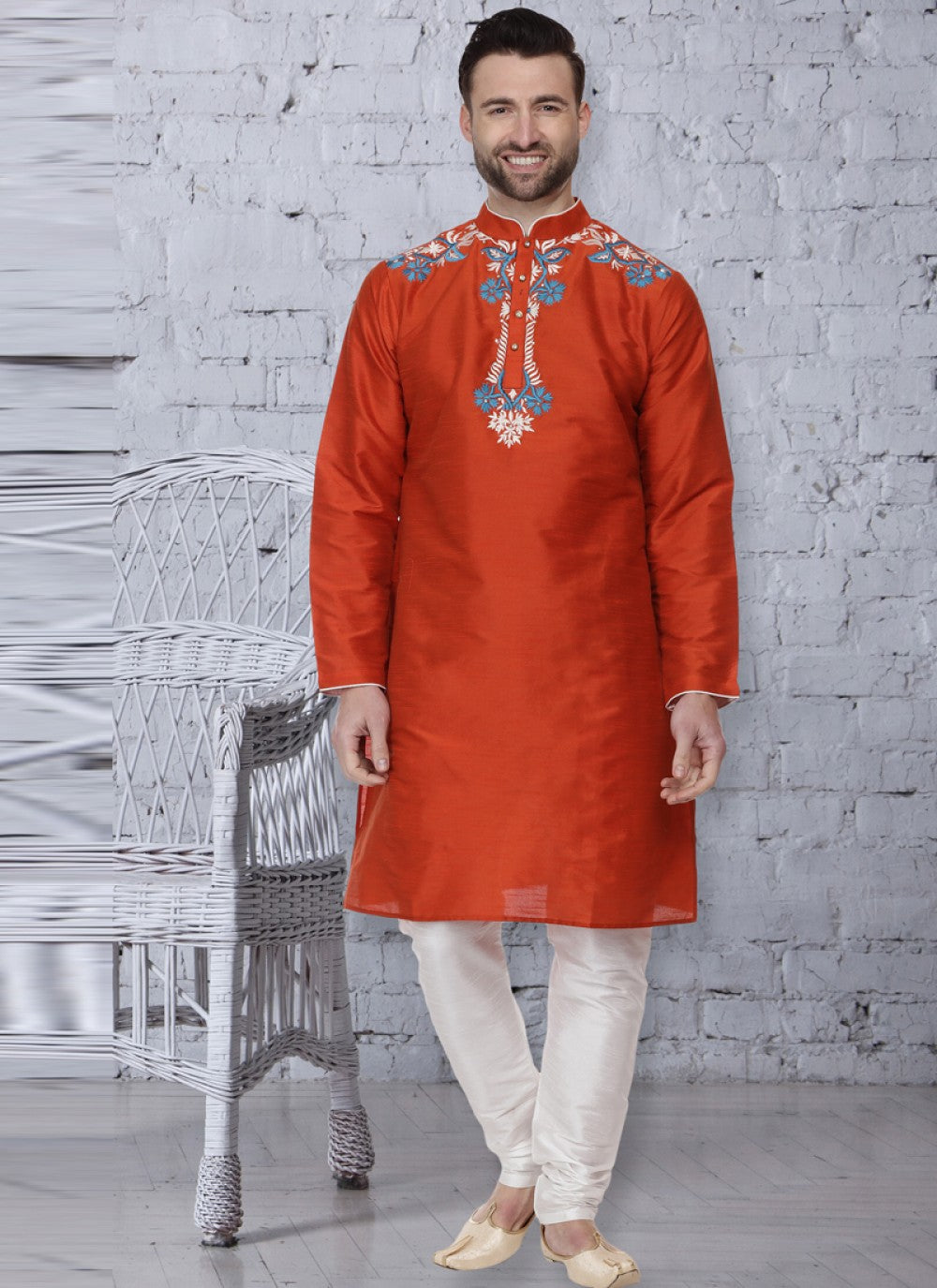 Embroidered Dupion Silk Rust Kurta Pyjama - M1068