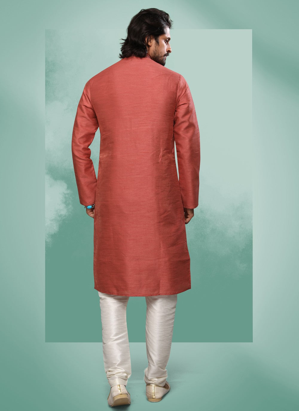 Embroidered Art Silk Rust Kurta Pyjama - M4369