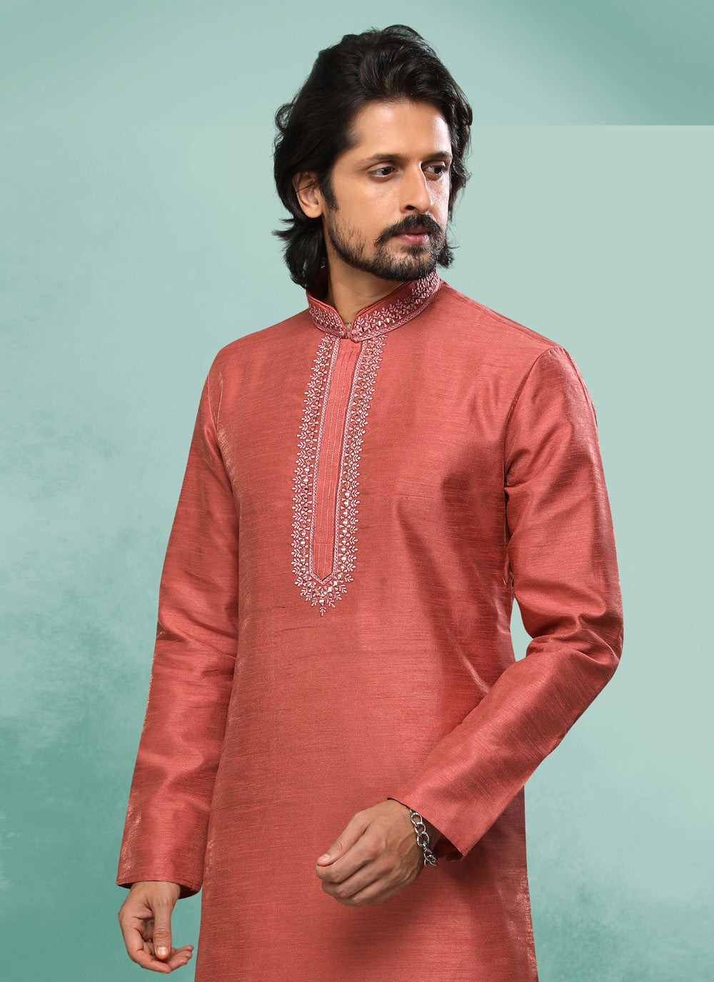 Embroidered Art Silk Rust Kurta Pyjama - M4369