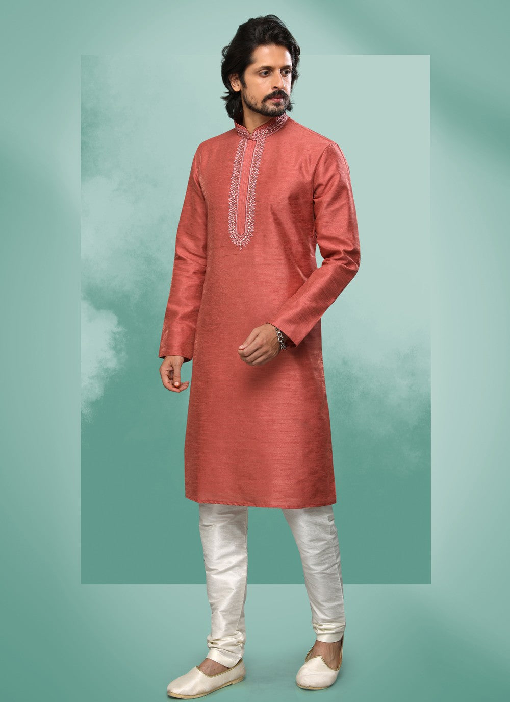 Embroidered Art Silk Rust Kurta Pyjama - M4369