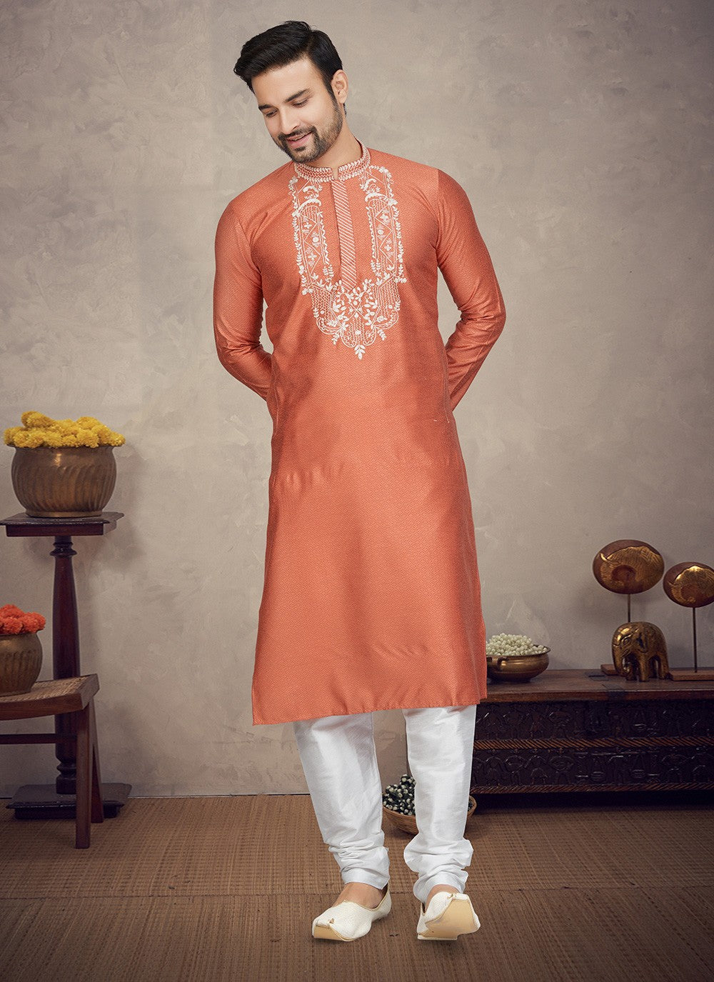 Embroidered Jacquard Rust Kurta Pyjama - M5863