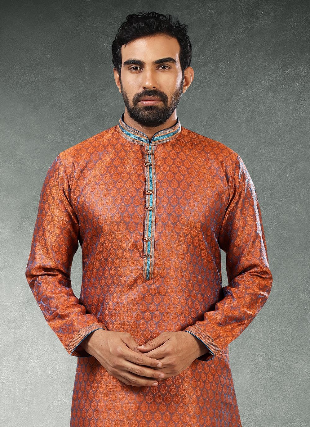 Jacquard Work Brocade, Jacquard Silk Rust Kurta Pyjama - M2185