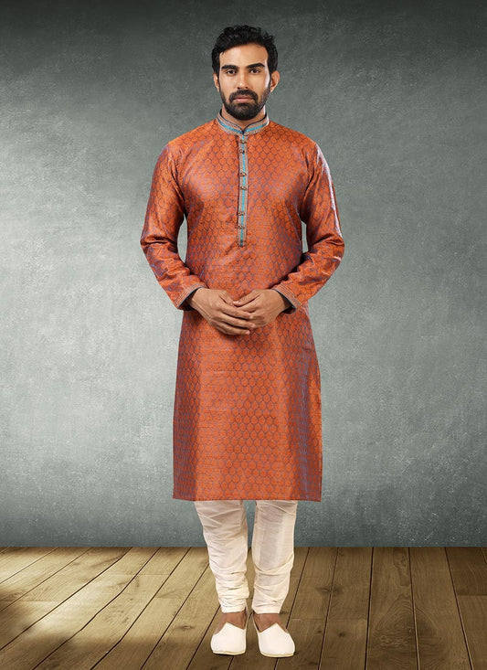 Jacquard Work Brocade, Jacquard Silk Rust Kurta Pyjama - M2185