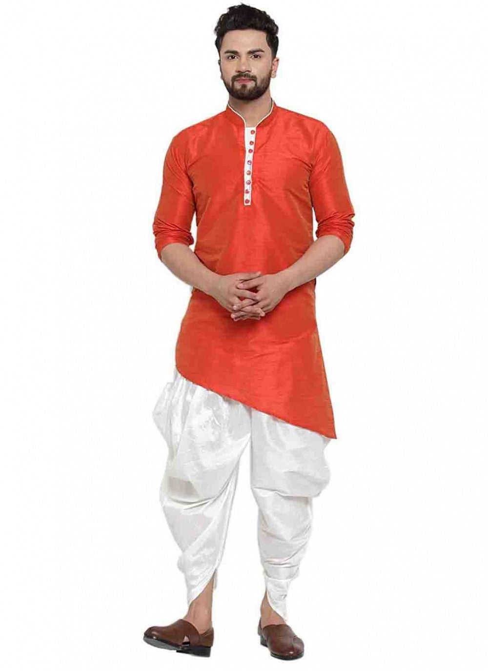 Plain Art Dupion Silk Rust Dhoti Kurta - M1555