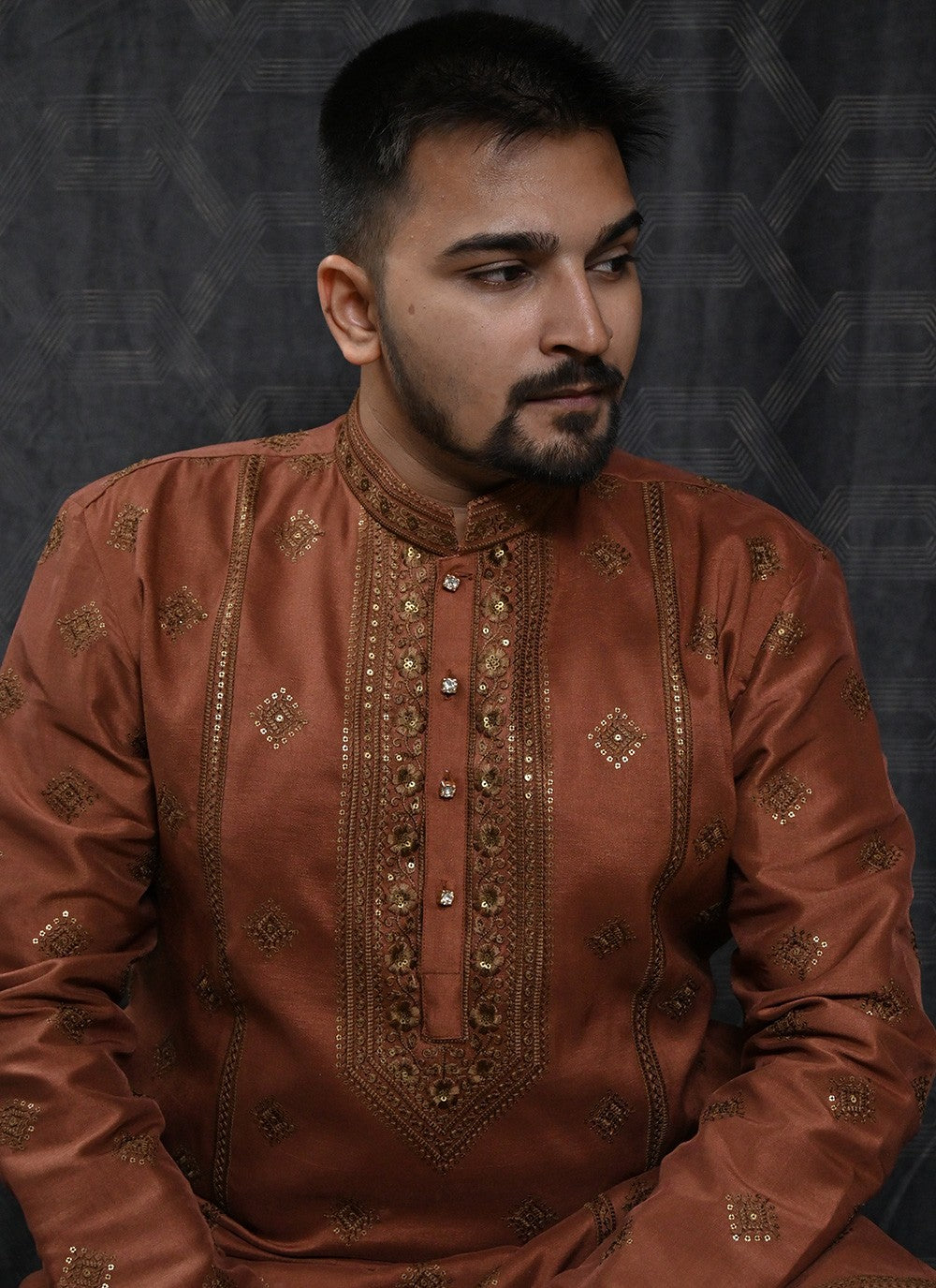 Embroidered Silk Rust Kurta Pyjama - M6196