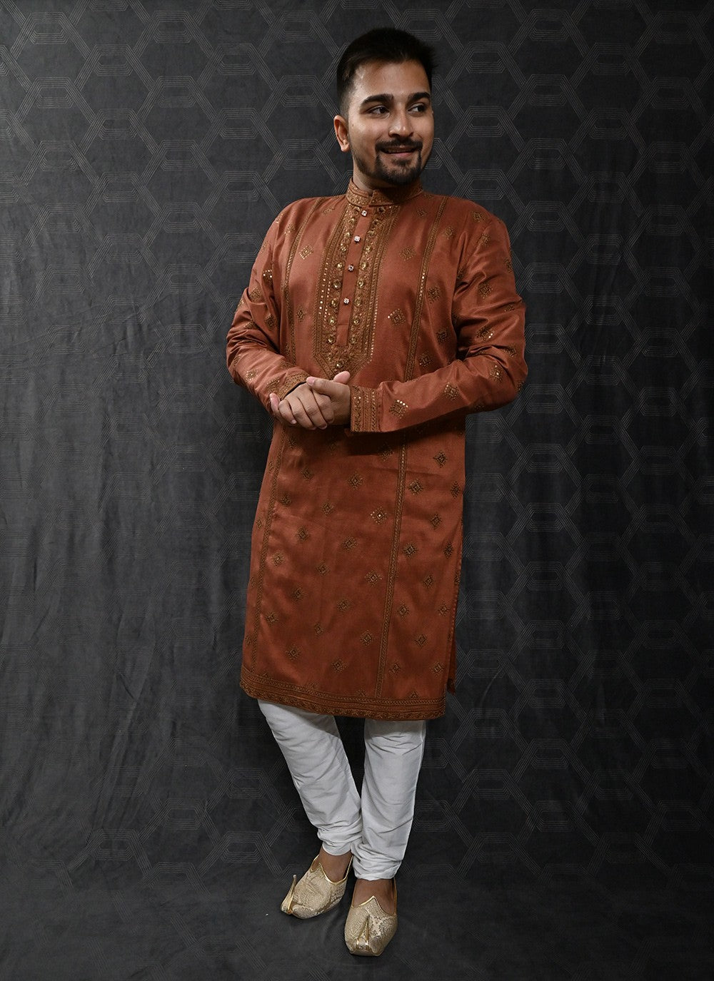 Embroidered Silk Rust Kurta Pyjama - M6196