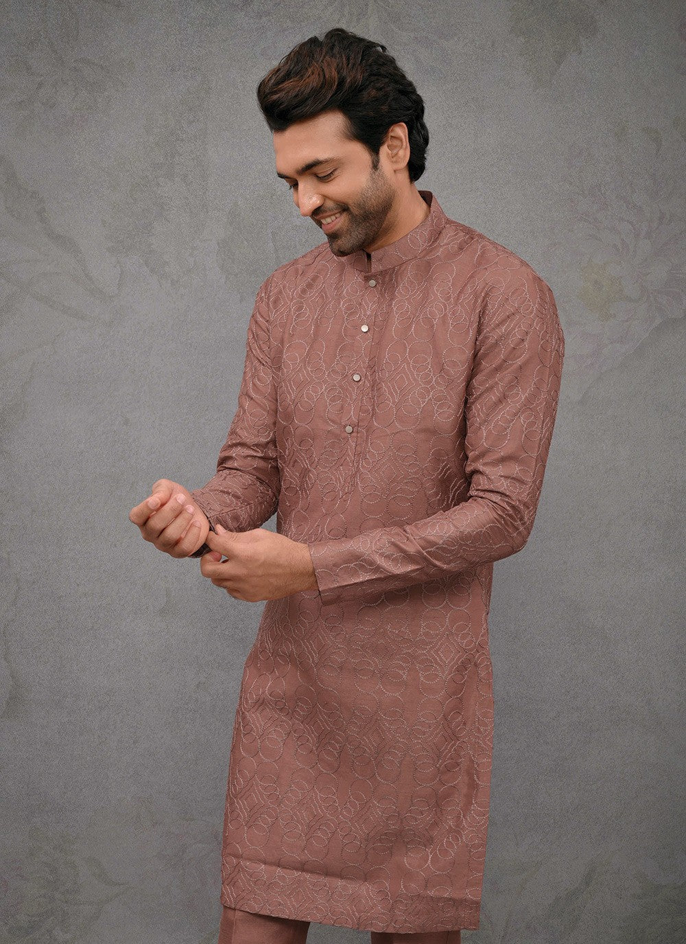 Embroidered Silk Rust Kurta Pyjama - M8386