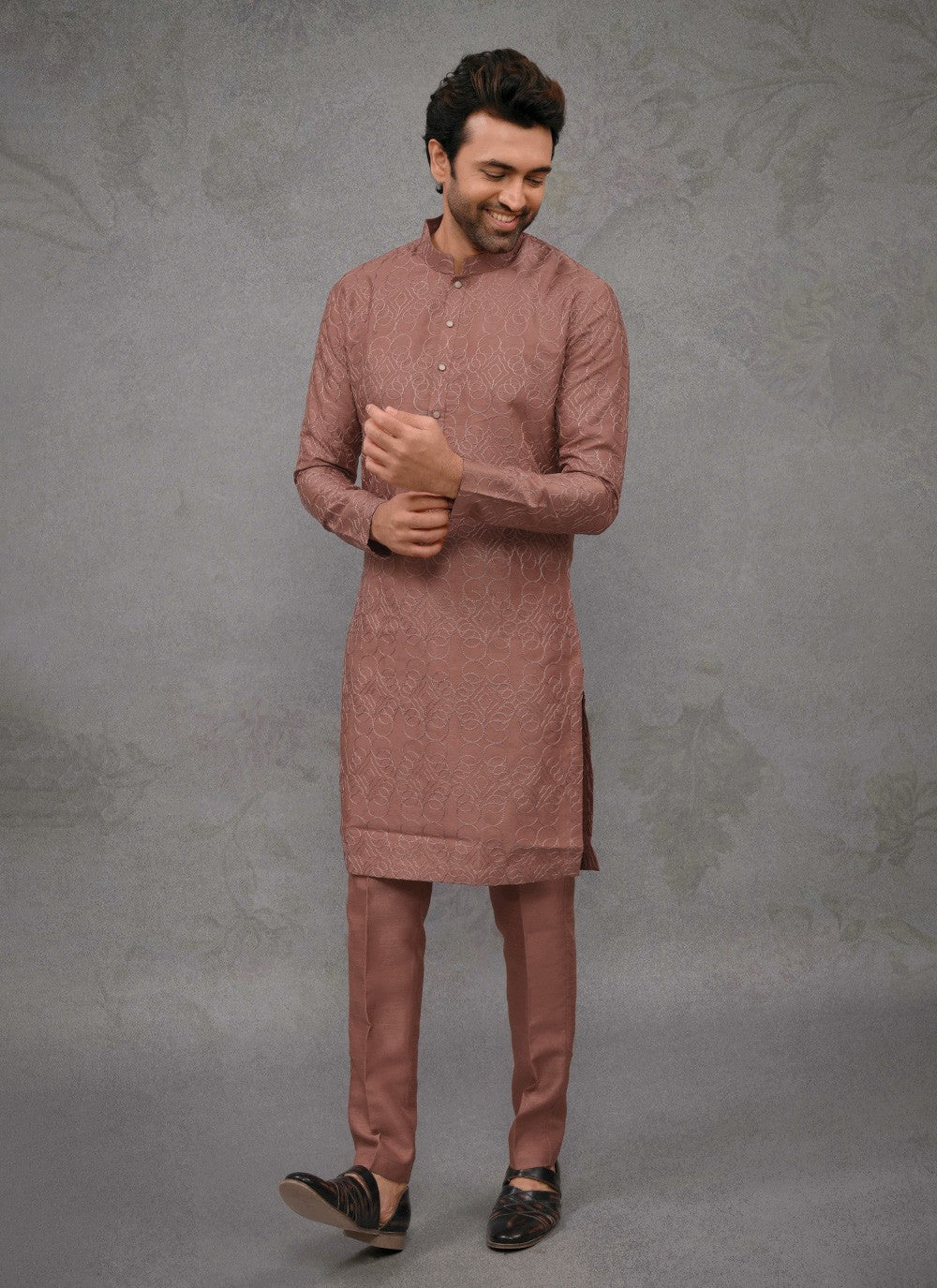 Embroidered Silk Rust Kurta Pyjama - M8386