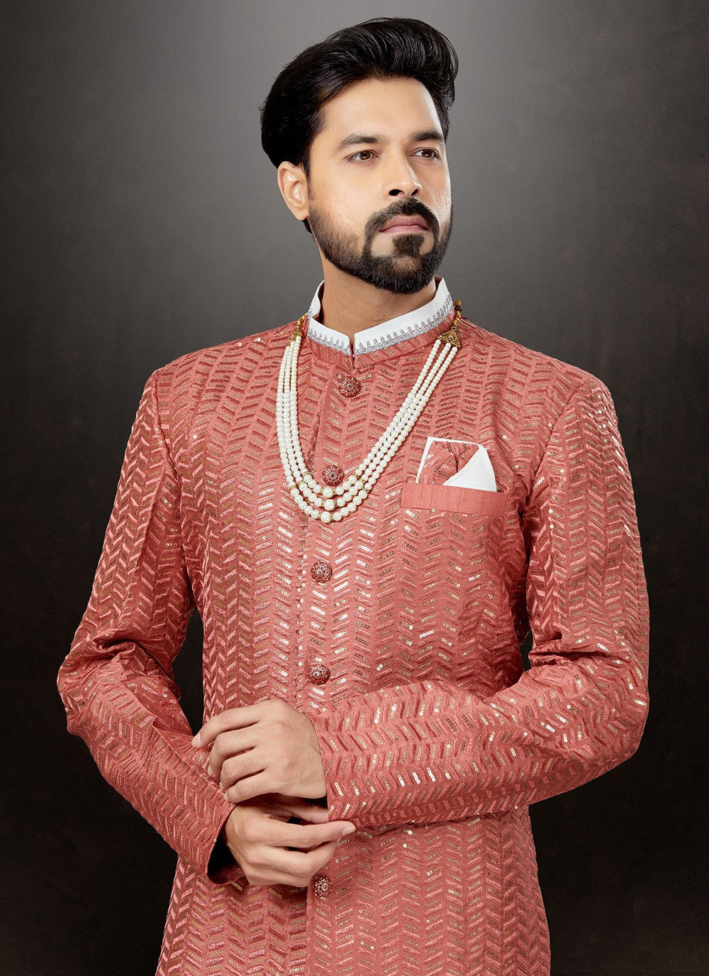 Embroidered Jacquard Pink Indo Western Sherwani - M4825