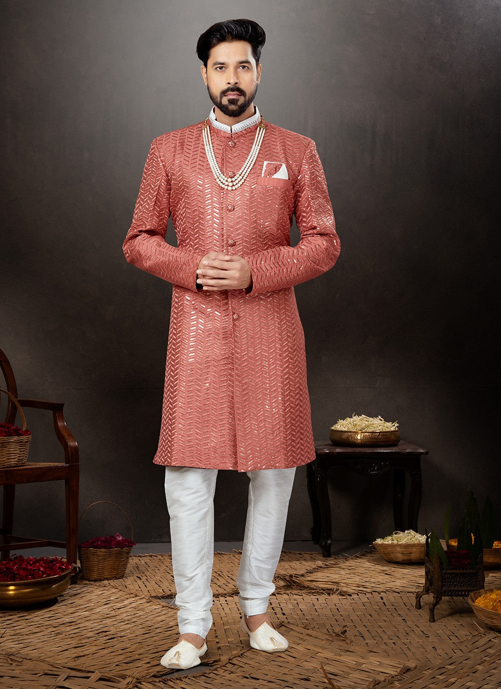 Embroidered Jacquard Pink Indo Western Sherwani - M4825