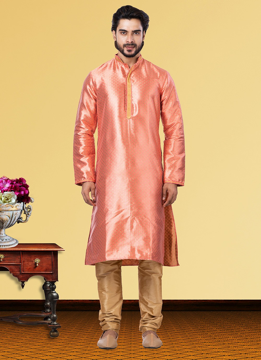 Jacquard Work Jacquard Pink Kurta Pyjama - M3745