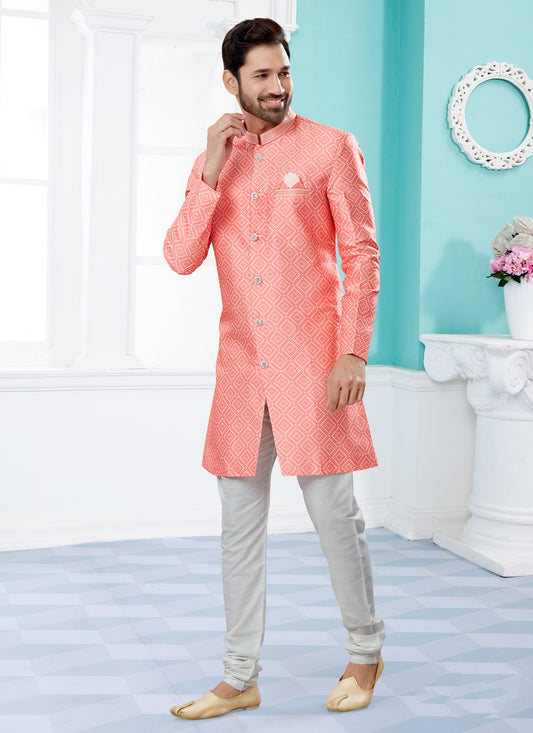 Digital Print Jacquard Pink Indo Western Sherwani - M3919