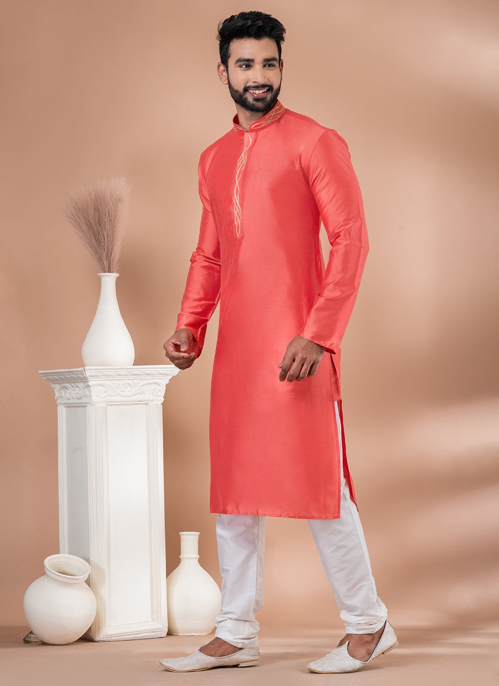 Plain Viscose Pink Kurta Pyjama - M6971