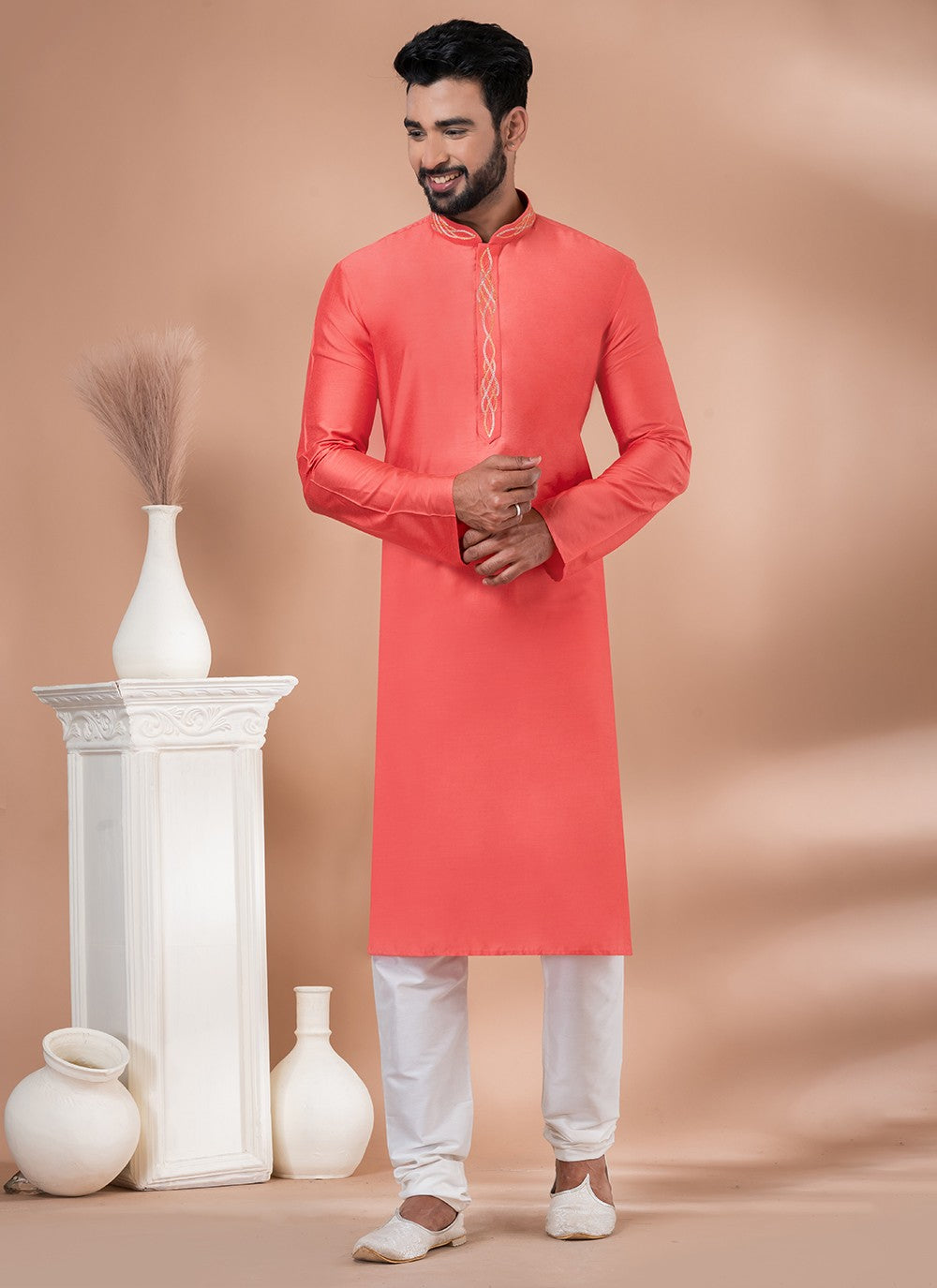 Plain Viscose Pink Kurta Pyjama - M6971