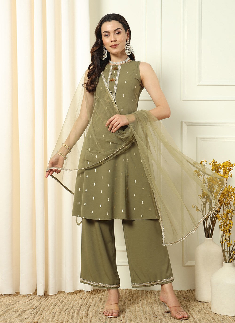 Embroidered Pure Crepe Palazzo Suit - T4539