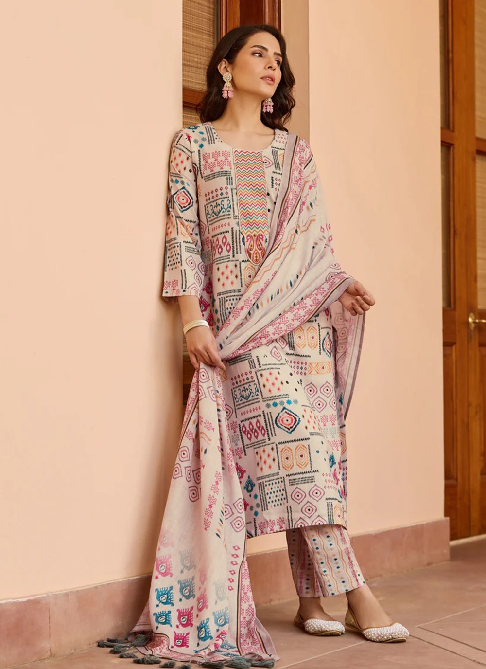 Embroidered Cotton Pant Style Suit - T4802