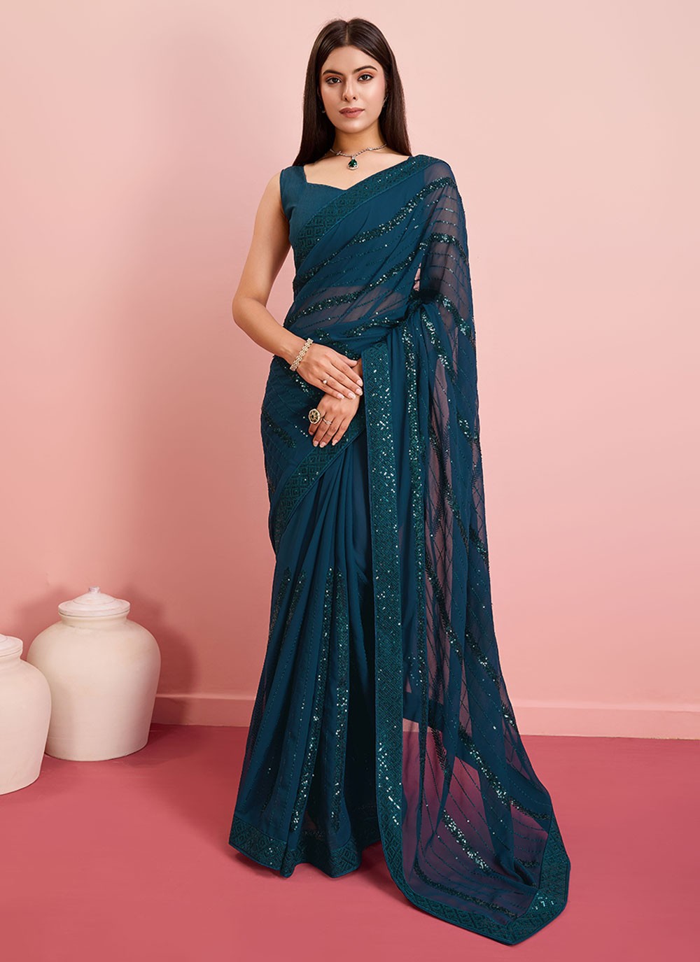 Contemporary Embroidered Georgette Saree - S6915