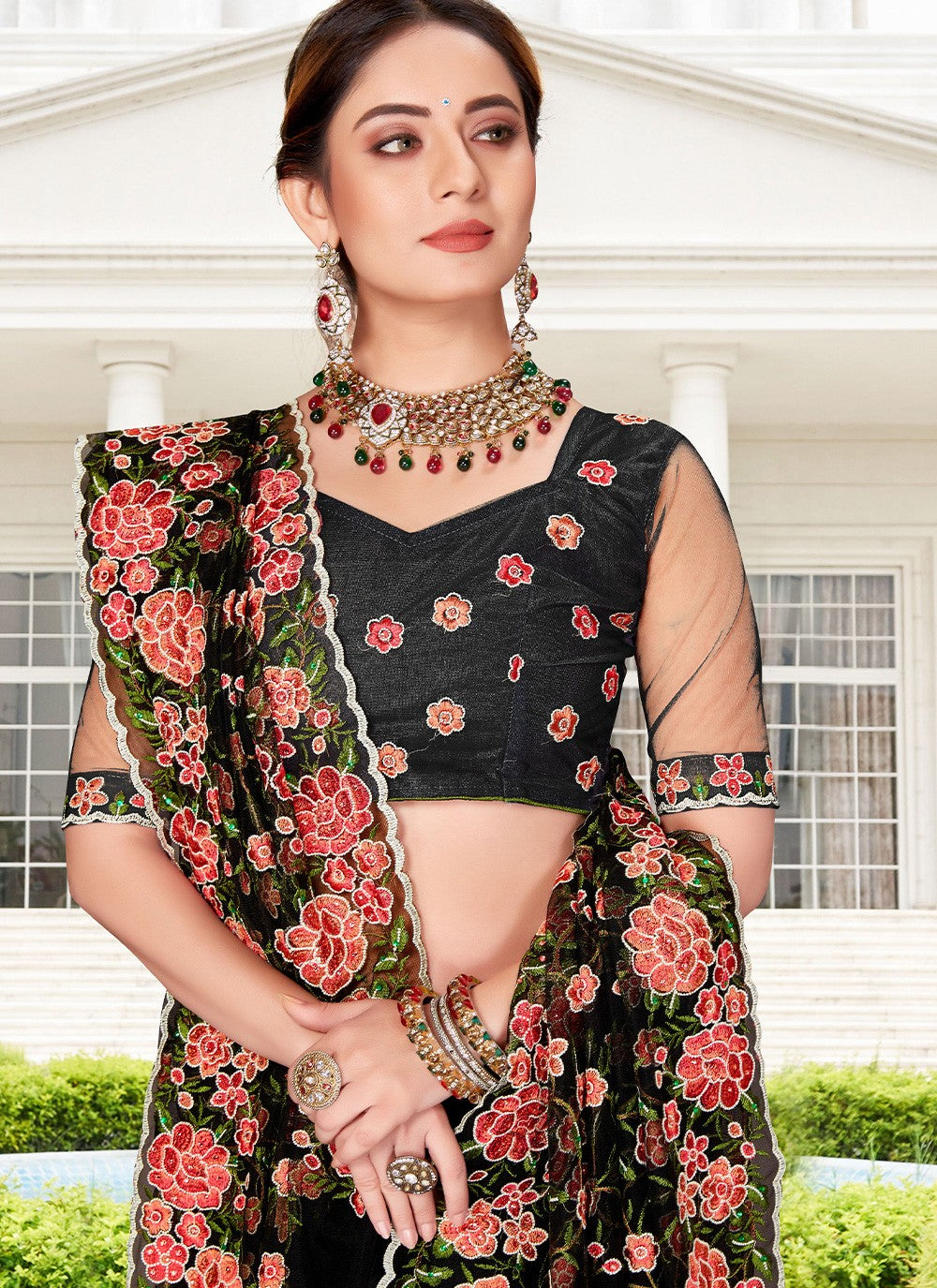 Contemporary Embroidered Net Saree - S2411