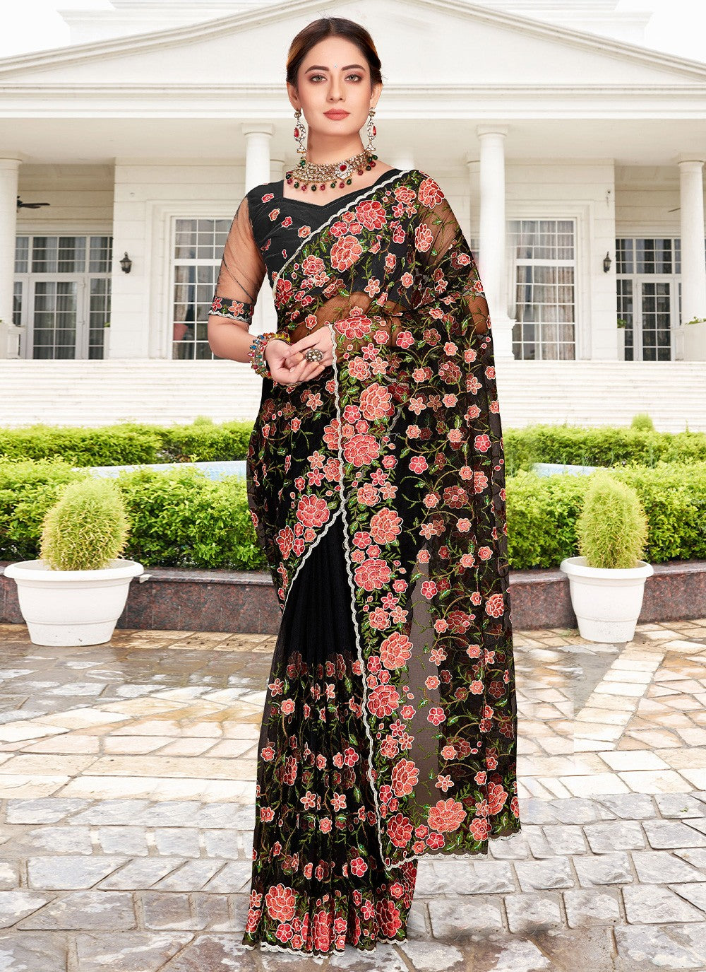 Contemporary Embroidered Net Saree - S2411