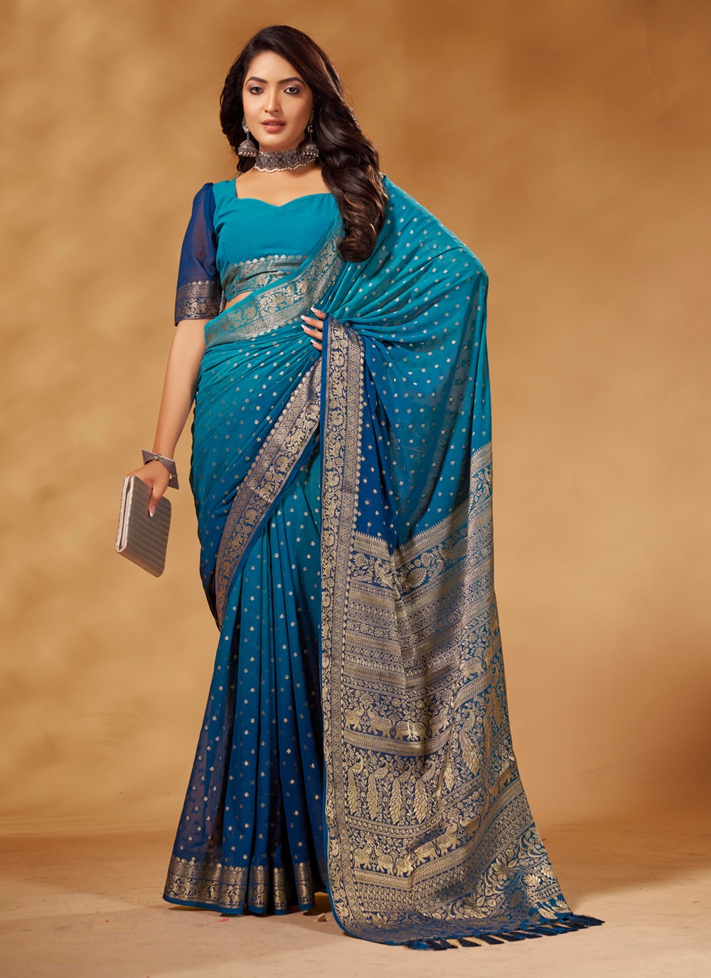 Trendy Weaving Zari Pure Georgette, Viscose Saree - S3768