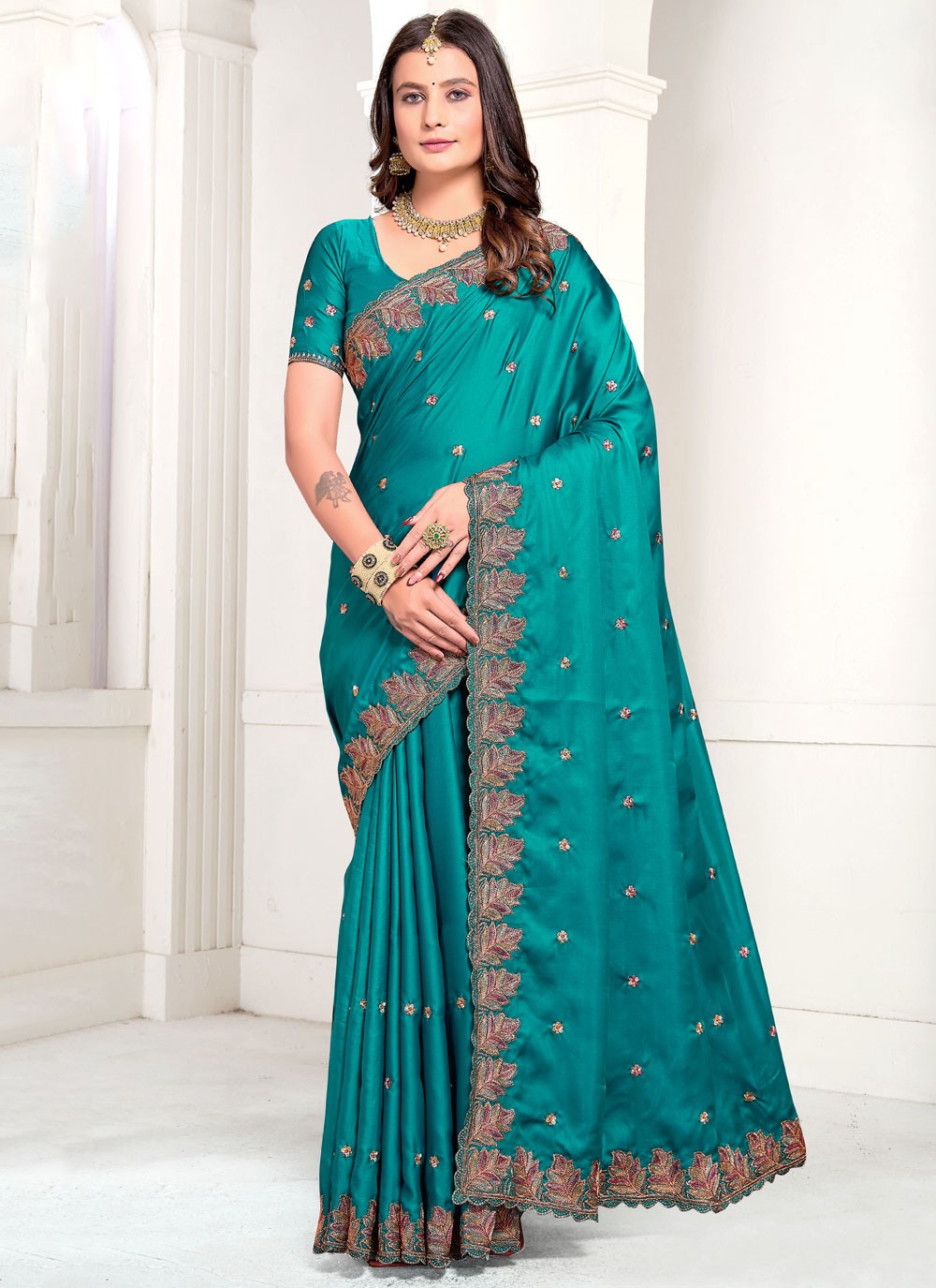 Classic Embroidered Satin Saree - S10549