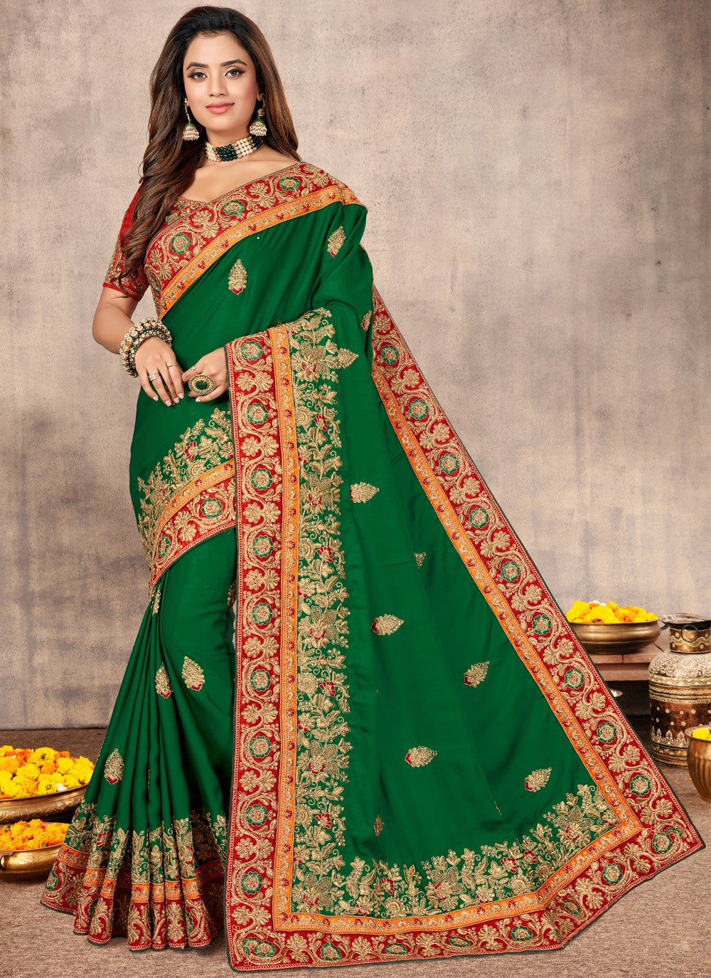 Traditional Embroidered Satin Saree - S0456