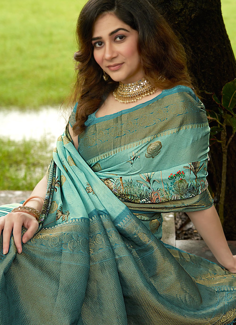 Classic Digital Print Satin Saree - S8935