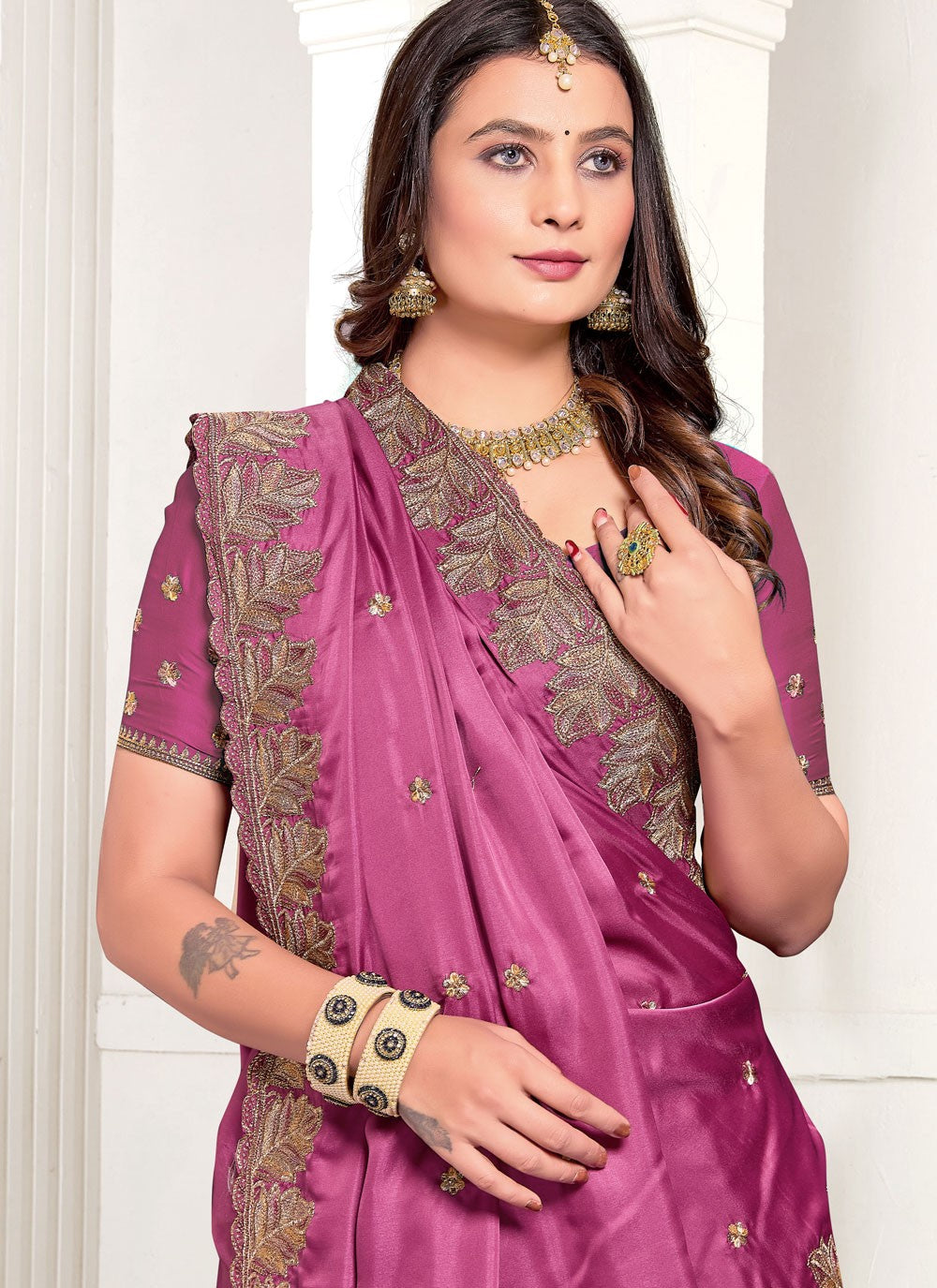 Classic Embroidered Satin Saree - S10549